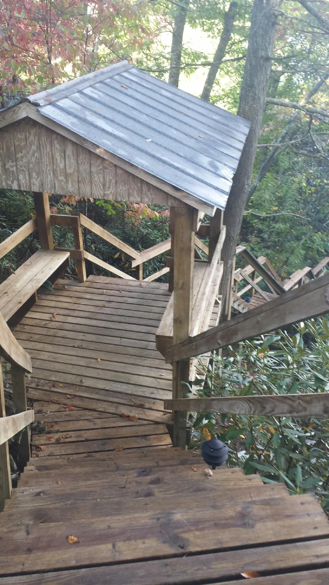 Metal roofed shelter over wooden steps on a wooded walkway — Skylight Repair & Installation work by our crew in Poway